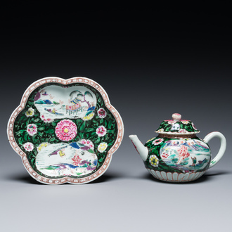 A Chinese famille rose teapot and cover on stand, Yongzheng