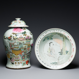 Un vase couvert et un bassin en porcelaine de Chine qianjiang cai, 19/20ème