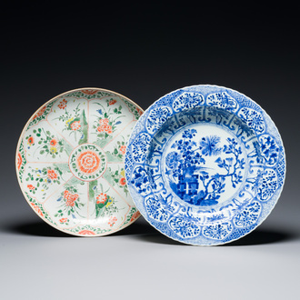 Two Chinese blue and white and famille verte dishes, Kangxi