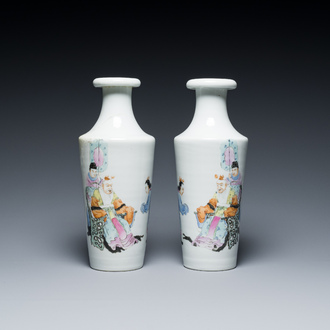 A pair of Chinese famille rose rouleau vases, Hongxian mark, Republic