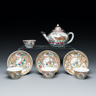 Une théière, quatre tasses et trois soucoupes en porcelaine de Chine famille rose, Yongzheng