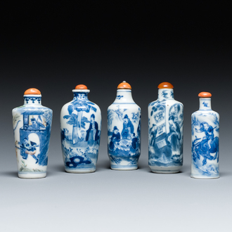 Five Chinese blue, white and wucai snuff bottles, 19th C.