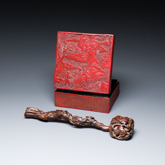 A Chinese carved boxwooden ruyi scepter and a square red lacquer box and cover, Wanli mark, 19/20th C.