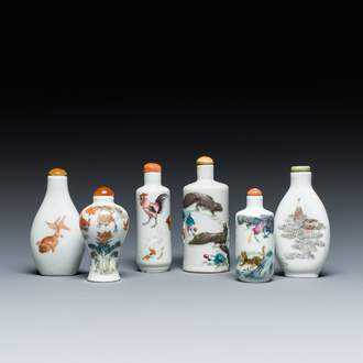 Six Chinese famille rose and iron-red snuff bottles, 18/19th C.