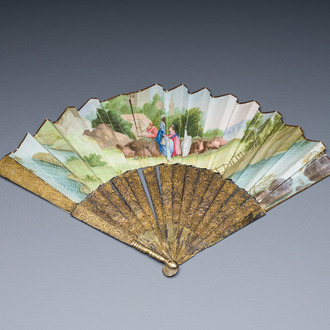 A Chinese gilt filigree silver fan with a romantic subject in watercolour on paper, Canton, 18/19th C.