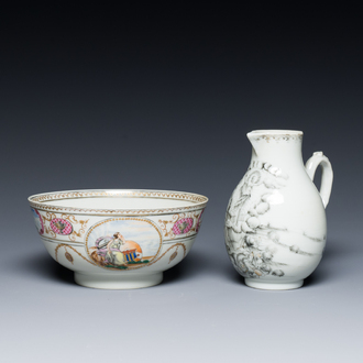 Une verseuse en porcelaine de Chine à décor de la 'Crucifixion' en grisaille et un bol pour le marché américain, Qianlong