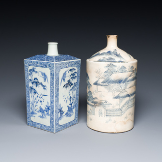 Een Japanse blauw-witte Arita fles en een Tangen-stijl fles, 'tokkuri', Edo/Meiji, 18/19e eeuw