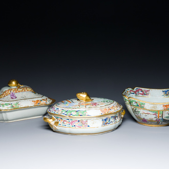 Two fine monogrammed Chinese Canton famille rose tureens and a bowl, mid-19th C.