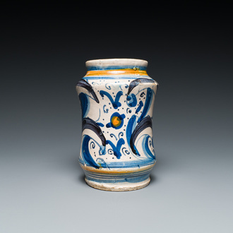 A polychrome Italian maiolica albarello, Montelupo, 16/17th C.