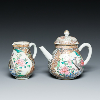 A Chinese famille rose 'pheasants' teapot and milk jug, Yongzheng