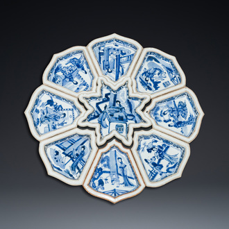 An exceptional Chinese blue and white nine-piece sweetmeat set, Kangxi