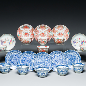 Dix tasses et neuf soucoupes en porcelaine de Chine en bleu, blanc, famille rose et surdécorées aux Pays-Bas, Kangxi et postérieur