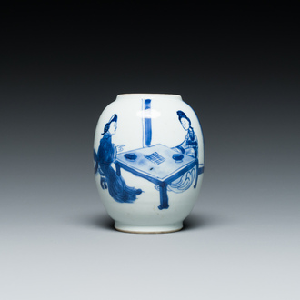 Boîte à thé en porcelaine de Chine en bleu et blanc à décor des 'Longues Dames', Kangxi