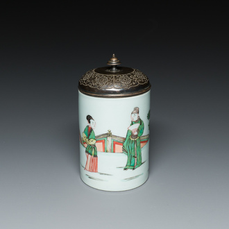 A Chinese famille verte brush pot with an engraved metal cover, 'bitong', Kangxi