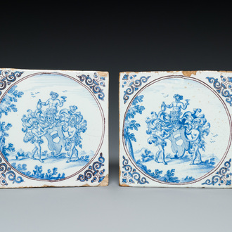 A pair of exceptional French faience armorial tiles, Montpellier, 17th C.