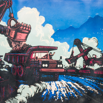 Ecole chinoise de la Révolution Culturelle: Vue sur le champ pétrolifère de Daqing, lithographie rehaussée de peinture à l'huile