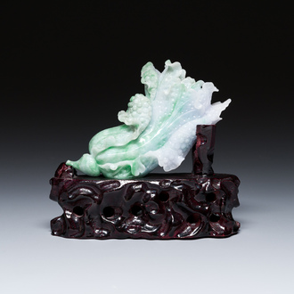 A Chinese jadeite carving of a cabbage on wooden stand, Republic