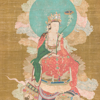 Chinese school: 'Samanthabadra op de olifant met zes slagtanden', inkt en kleur op zijde, 17/18e eeuw