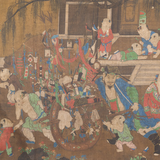 Ecole chinoise, d'après Su Hanchen (1094-1172): 'Le colporteur de bibelots', encre et couleurs sur soie, 18ème