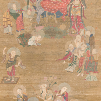 Chinese school: 'Boeddha omgeven door Luohans', inkt en kleur op zijde, 18e eeuw