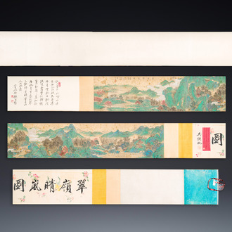 Xu Yang 徐揚 (1712-1777) et Wu Hufan 吳湖帆 (1894-1968): 'Paysage montagneux', daté 1755, avec calligraphie postérieure, encre et couleurs sur soie