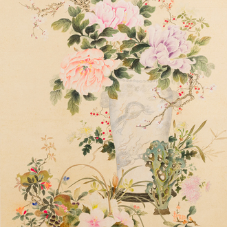 Chinese school: 'Flowers', ink and colour on paper, Cixi seal mark, 19th C.