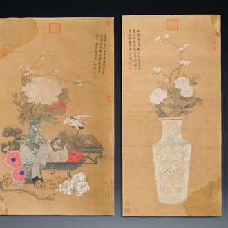 Ecole chinoise: 'Deux antiquités', encre et couleurs sur soie, marque de Qianlong, 19ème