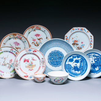 A varied collection of Chinese blue, white and famille rose porcelain, Yongzheng and later