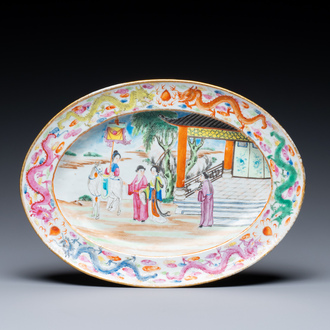 An oval Chinese Canton famille rose dish, Jiaqing/Daoguang