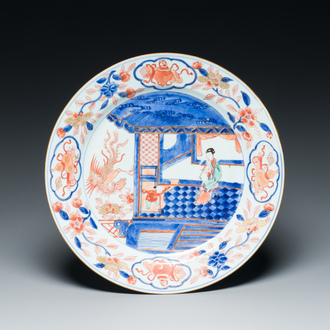 A Chinese famille verte dish depicting Xiao Shi's wife attracting phoenixes by playing the Xiao flute, Kangxi