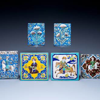 Zes diverse Qajar tegels, Perzië, 19e eeuw