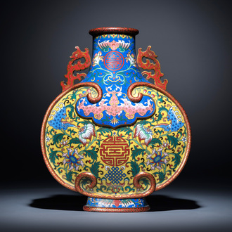 A Chinese yellow and blue-ground cloisonné 'Shou' moonflask vase, 'bianhu', Jiaqing