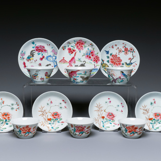Seven Chinese famille rose cups and saucers, Yongzheng