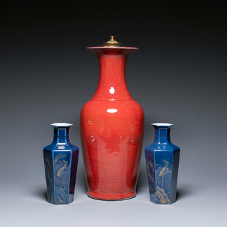 A Chinese sang-de-boeuf-glazed vase and a pair of gilt-decorated blue-glazed vases, 19th C.