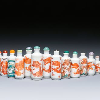 Thirteen Chinese mostly iron-red-decorated snuff bottles, 19/20th C.