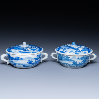 A pair of Chinese blue and white bowls and covers, Kangxi