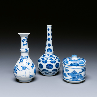 Two Chinese blue and white vases and a covered bowl, Kangxi