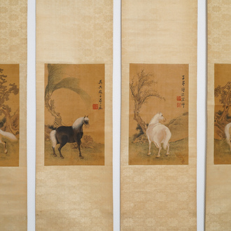 Suiveur de Zhao Mengfu 趙孟頫 (1254-1322): 'Quatre chevaux', encre et couleurs sur soie, 19/20ème