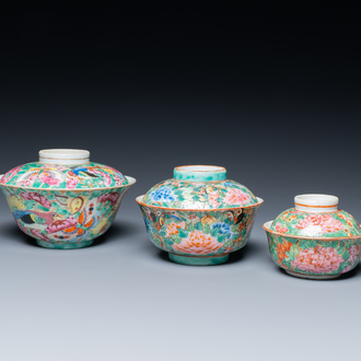 Three Chinese Canton famille rose bowls and covers for the Thai market, 19th C.