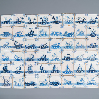 59 blauw-witte Delftse tegels met zeemonsters, 2e helft 18e eeuw