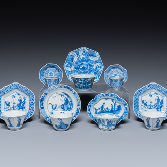 Sept tasses et soucoupes peu courantes en porcelaine de Chine en bleu et blanc, Kangxi