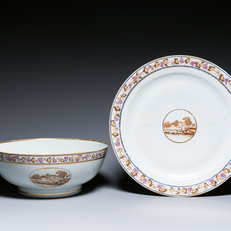 Un grand bol à punch et son plat avec une vue de Philadelphia en porcelaine de Chine d'exportation, Qianlong