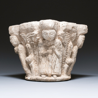Chapiteau à décor figuratif en grès sculpté, France ou Espagne, probablement 14ème