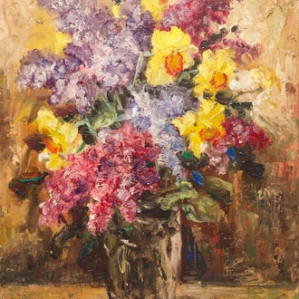 Sadji (Sha Qi, Sha Yinnian) (1914-2005): Stilleven met bloemen in een vaas, olie op doek
