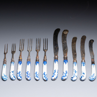 Eleven blue and white soft paste porcelain knife and fork handles, probably Saint-Cloud, France, 1st half 18th C.