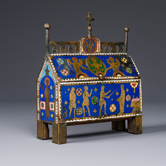 A Limoges champlevé enamel reliquary casket depicting the murder of Thomas Becket, France