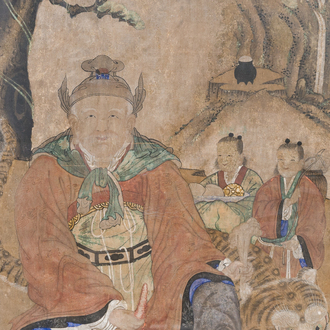 Korean school: 'Mountain Spirit Sansin 산신 or 山神 with tiger and attendants', Joseon, 18th C.