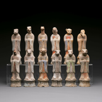 An impressive set of 12 Chinese cold painted terracotta zodiac figures, Ming