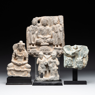 Four Gandhara grey schist fragments with Buddha and Bodhisattva, 1st/3rd C.