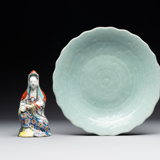 A Chinese famille rose Guanyin and a celadon-glazed dish, Chenghua mark, Qianlong/Jiaqing
